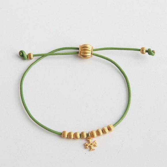 BNWT TORY BURCH KIRA BEADED LEATHER BRACELET GREEN/GOLD - Picture 1 of 7